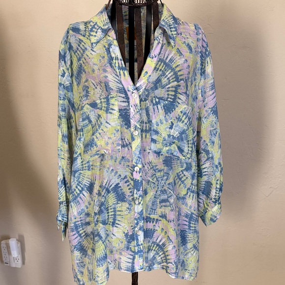 Ruby Rd. Blue and Yellow Button Down Shirt - Picture 1 of 8